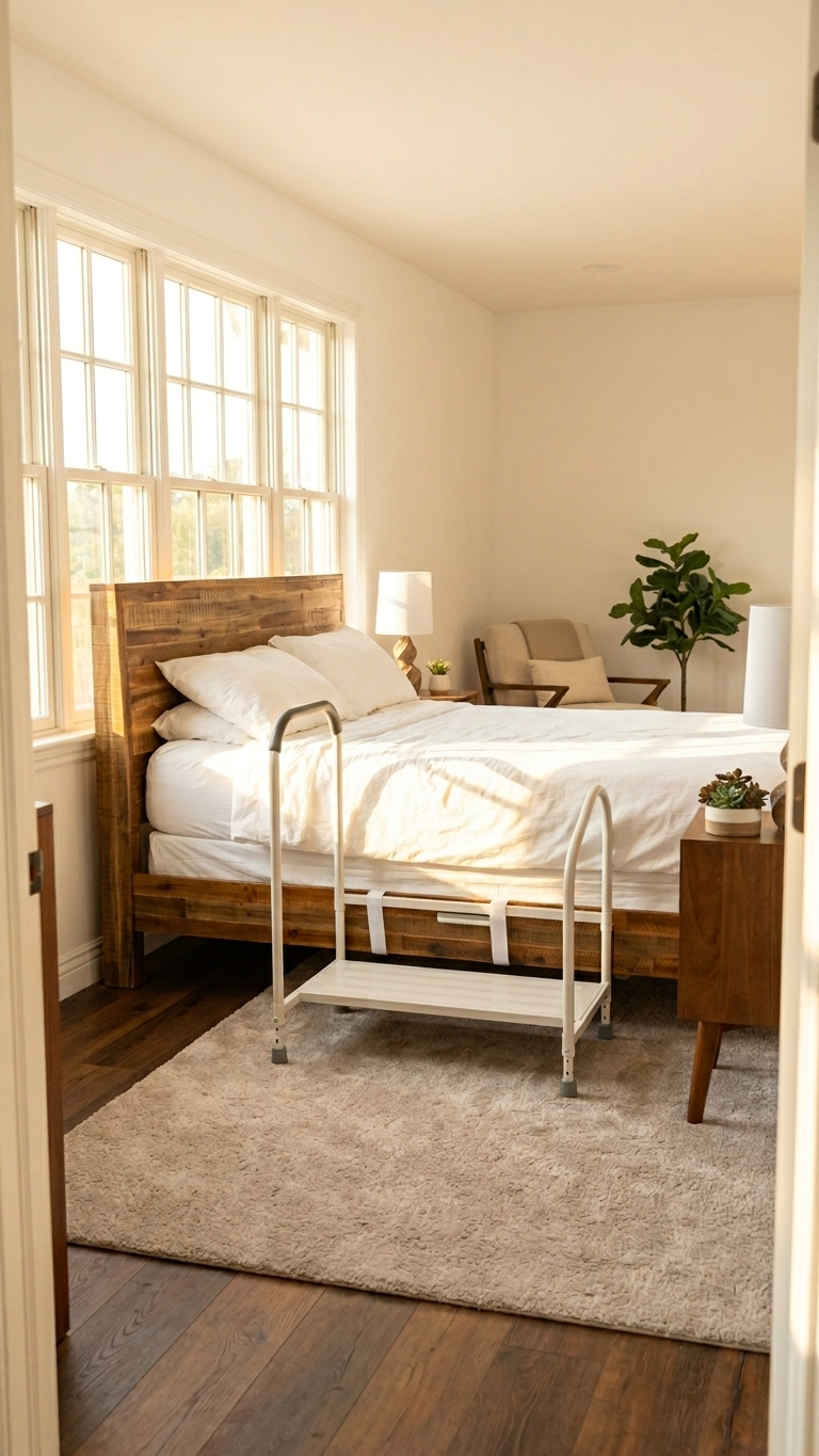 Step2Bed bed step with handrails beside a bed in a bright bedroom